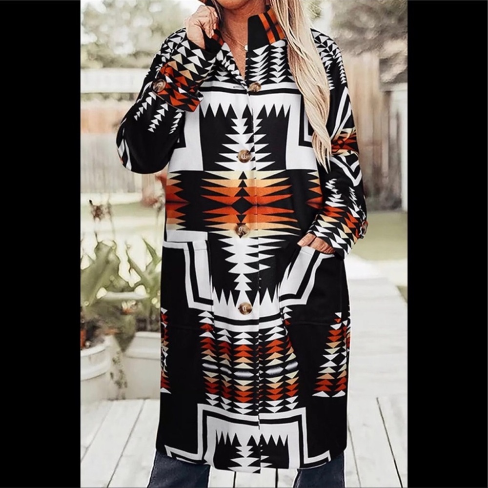 Native Boho Tribal Aztec Luxe Blanket Trench Coat - Picture 2 of 6